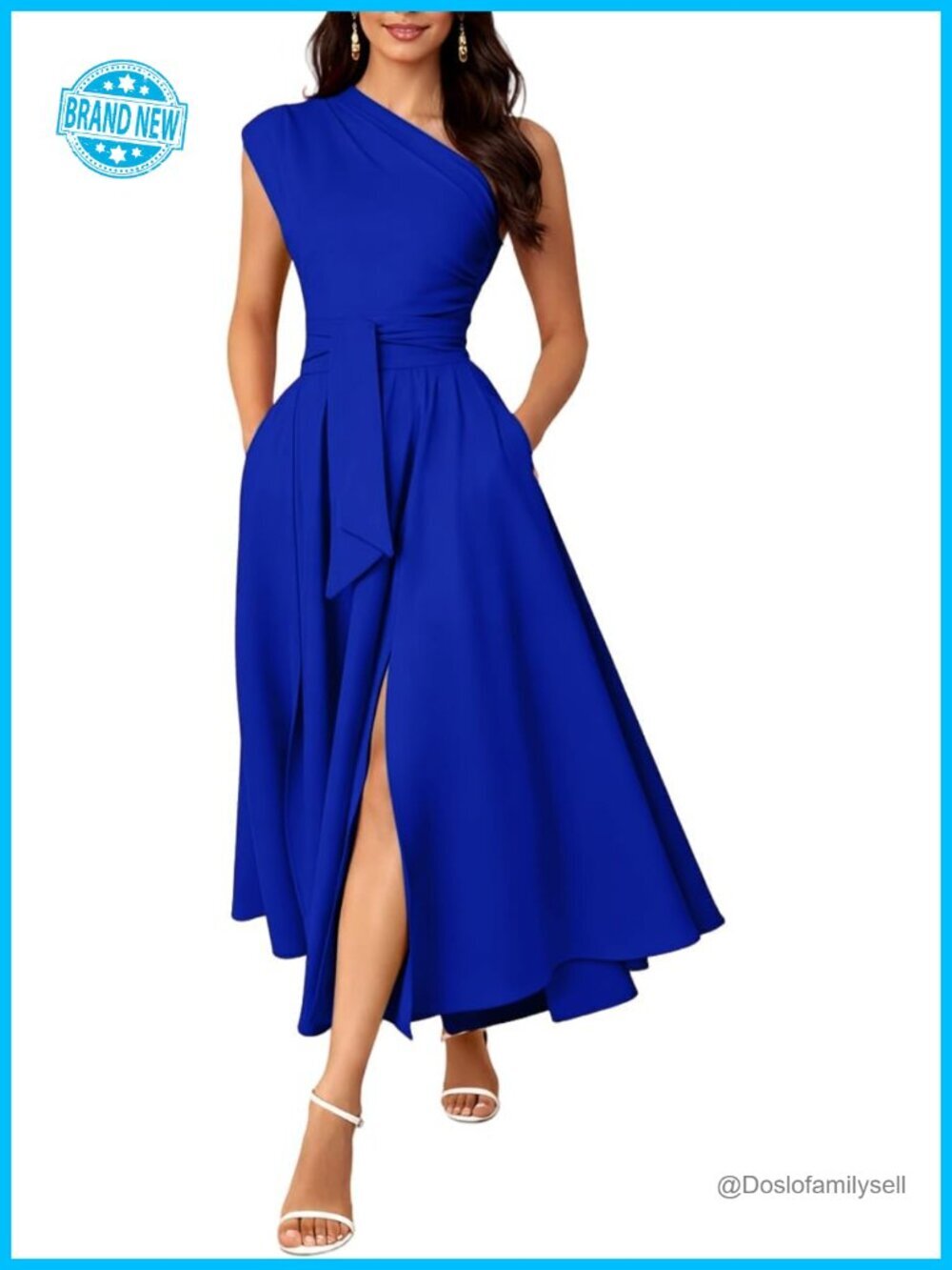 One Shoulder Belted A-Line Maxi Dress with Pockets Formal Evening Gown